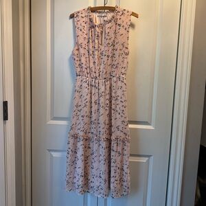 Pink, tiered, ribbon collared, lined spring/summer dress